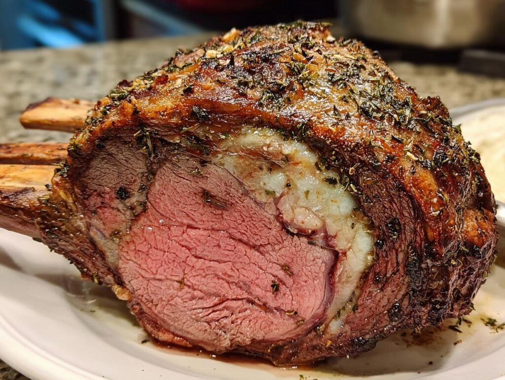 Close-up of a perfectly cooked Small Prime Rib Roast (Serves 4–6) with a juicy medium-rare center and herb crust.