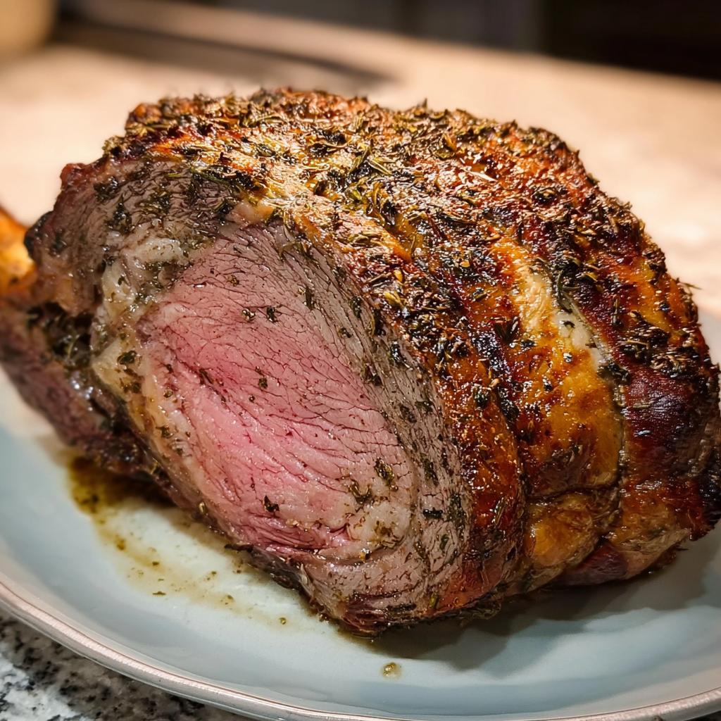 Close-up of a perfectly cooked Small Prime Rib Roast (Serves 4–6) with a seasoned, browned crust and a medium-rare pink interior.