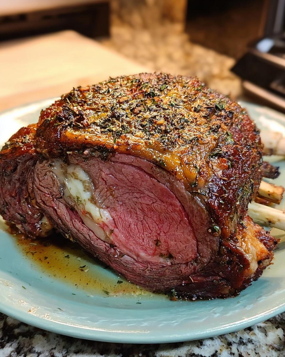 Cross-section of a Small Prime Rib Roast showing medium-rare pink center and herb crust.