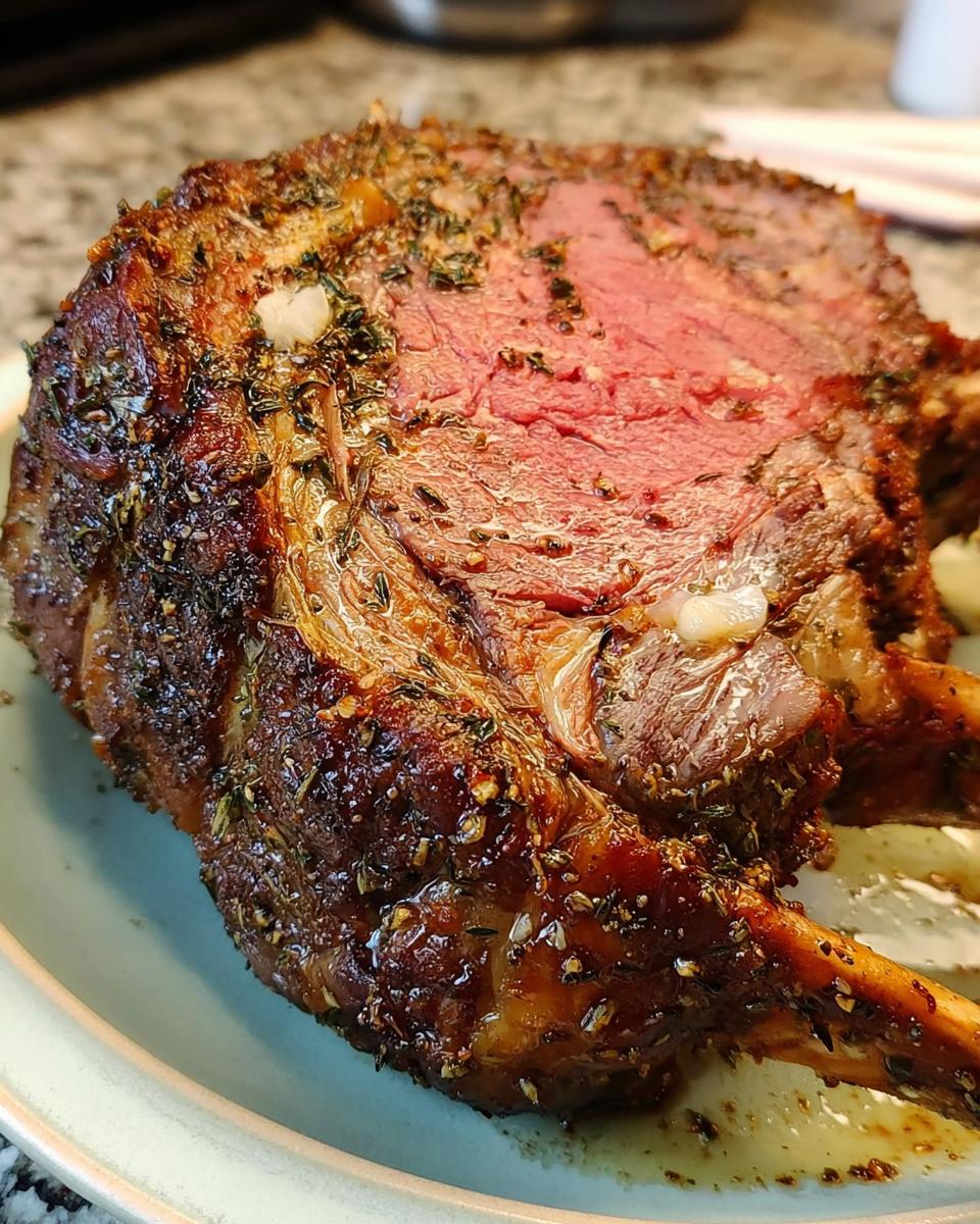 Close-up of a perfectly cooked Small Prime Rib Roast showing a medium-rare center and herb crust.