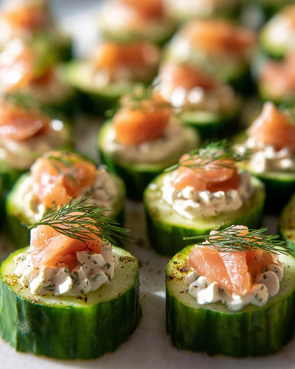 Close-up of several Smoked Salmon Cucumber Bites topped with cream cheese mixture and fresh dill.