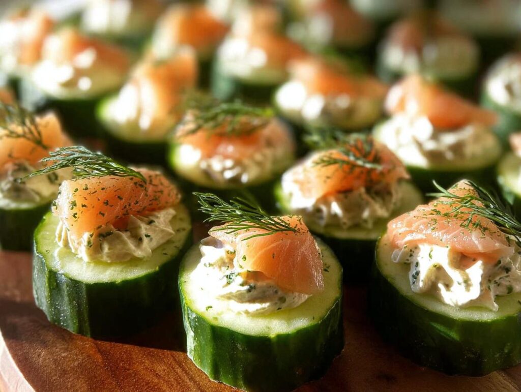 Close-up of several Smoked Salmon Cucumber Bites topped with cream cheese filling and fresh dill.