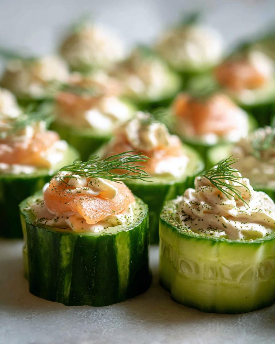 Close-up of several Smoked Salmon Cucumber Bites topped with cream cheese mixture and fresh dill.
