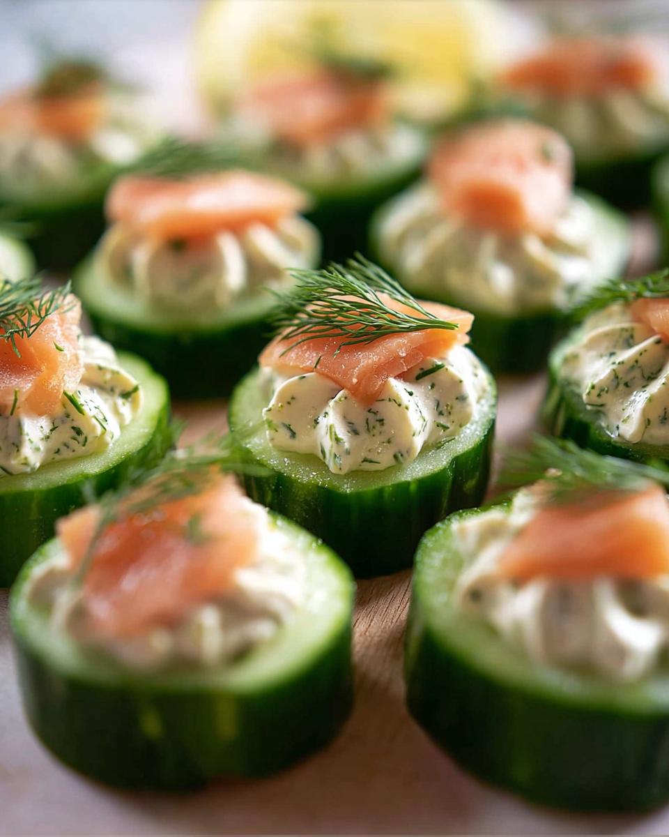 A close-up shot of several Smoked Salmon Cucumber Bites topped with dill.