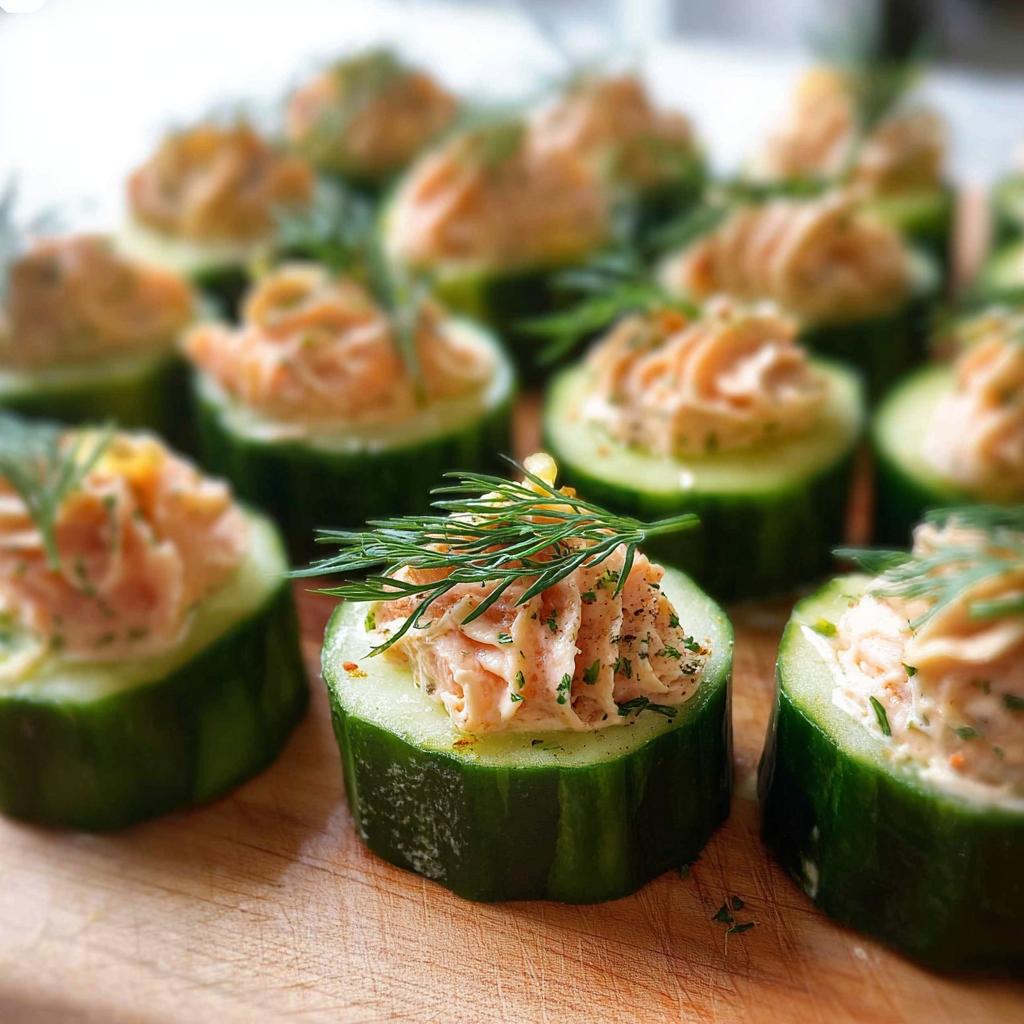 Close-up of fresh Smoked Salmon Cucumber Bites topped with dill on a wooden board.