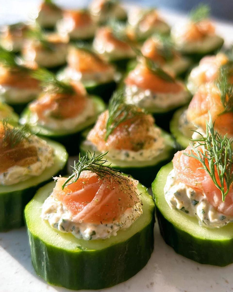 Close-up of many Smoked Salmon Cucumber Bites, featuring cream cheese spread, smoked salmon, and fresh dill garnish.