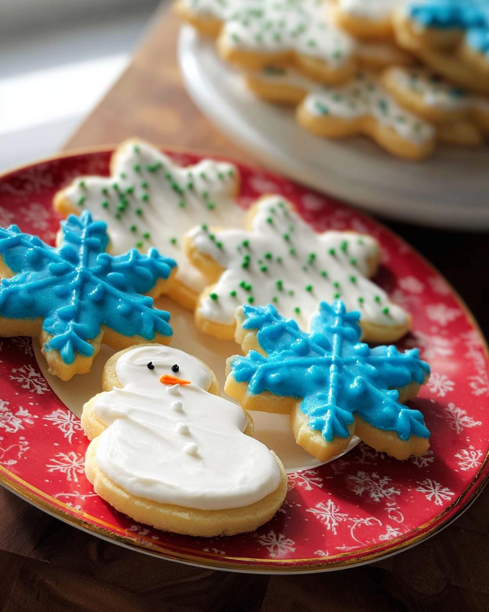 Close-up of decorated sugar cookies using Royal Icing for Decorated Cookies, featuring a snowman and blue snowflakes on a festive plate.