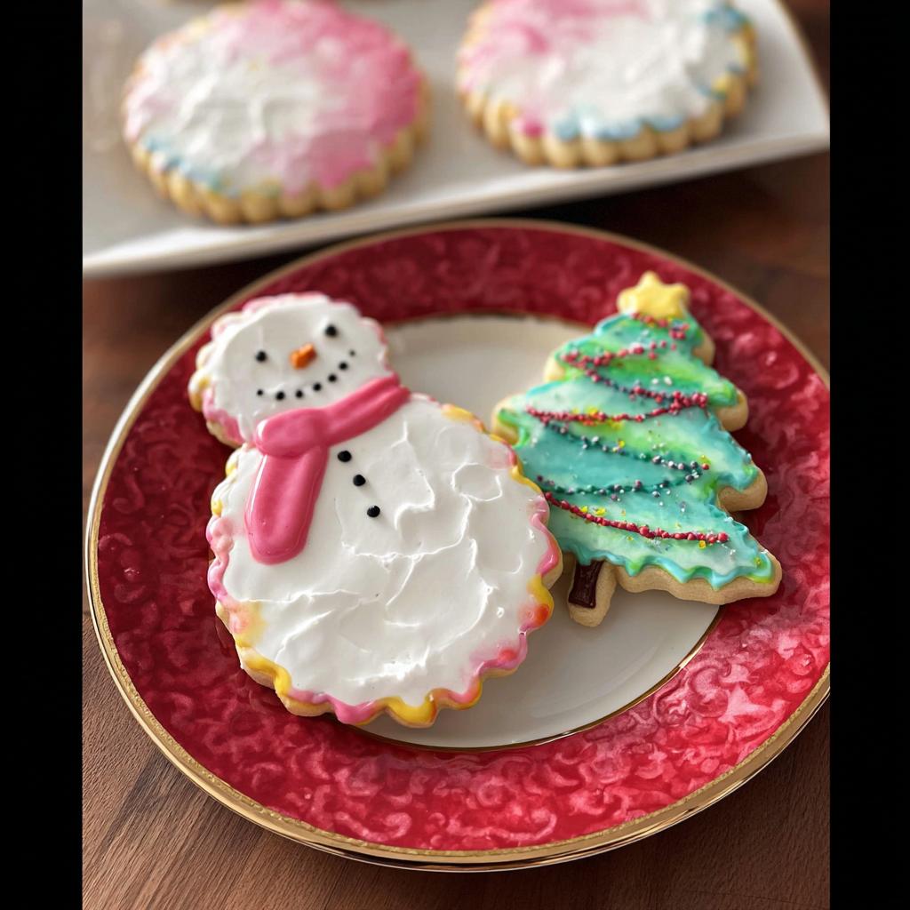 Close-up of a snowman and Christmas tree cookie decorated with thick, textured Royal Icing for Decorated Cookies.