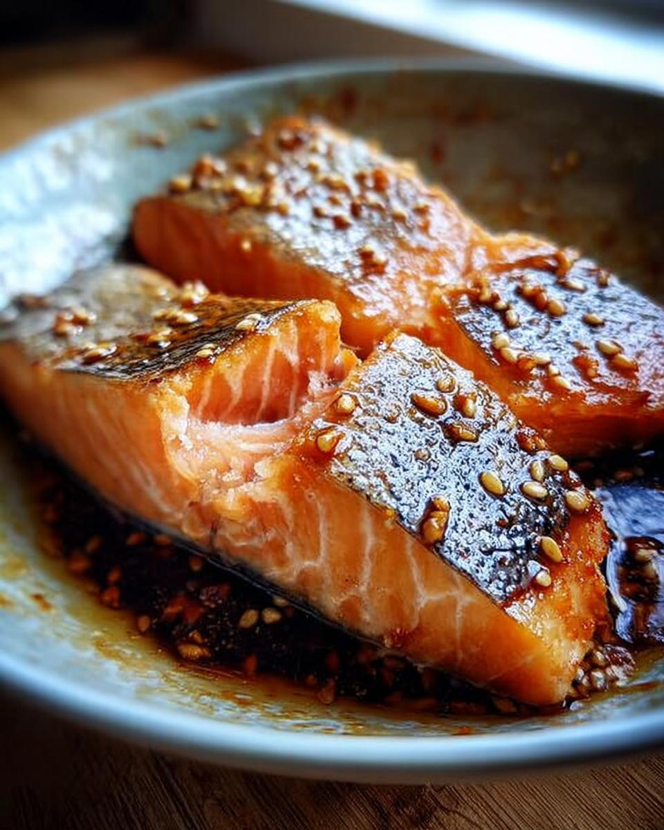 Two glistening fillets of Soy Ginger Salmon, coated in a dark glaze and topped with sesame seeds, resting in a light blue bowl.