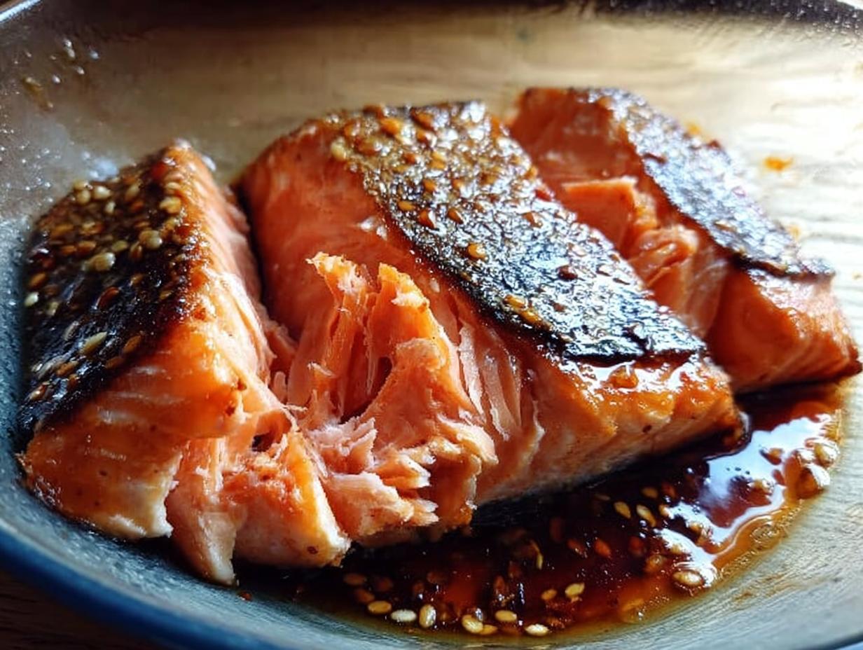 Close-up of flaky, cooked Soy Ginger Salmon pieces resting in a dark, sesame-flecked glaze.