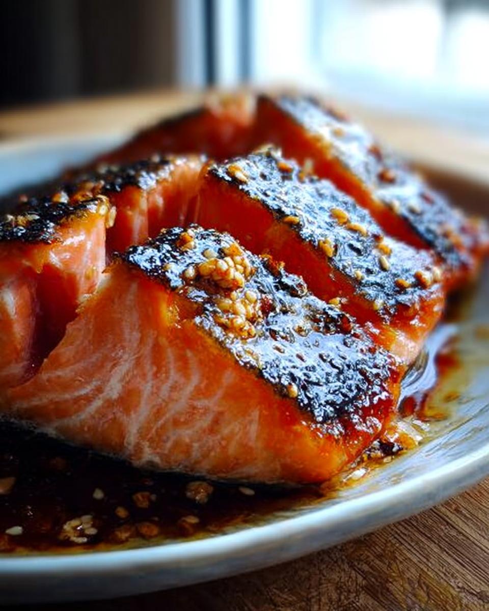 Close-up of perfectly cooked Soy Ginger Salmon portions, glazed and topped with sesame seeds, resting in sauce.