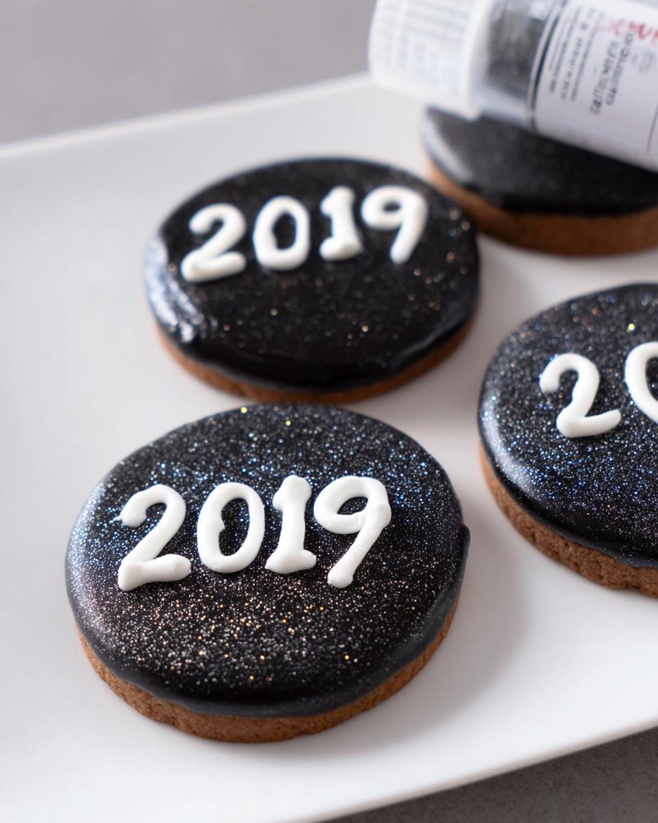 Close-up of round, black-iced cookies decorated with white '2019' and edible glitter, perfect for New Year’s Eve Cookies.