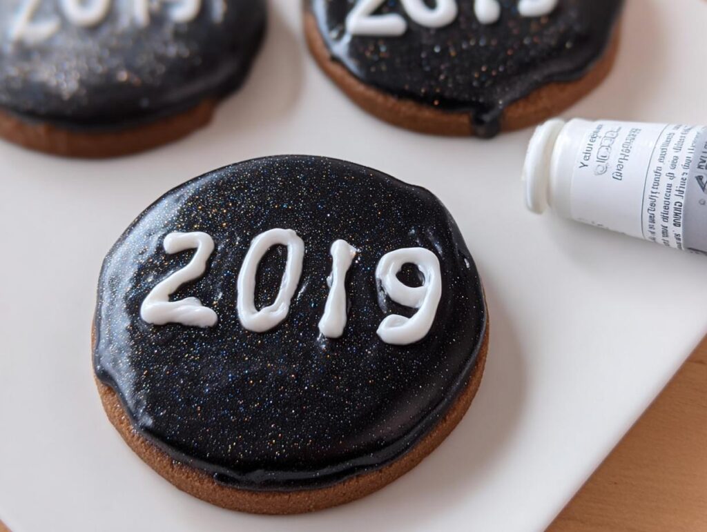 Close-up of a sparkly black iced cookie decorated with white icing reading '2019', part of the 12 New Year’s Eve Cookies collection.