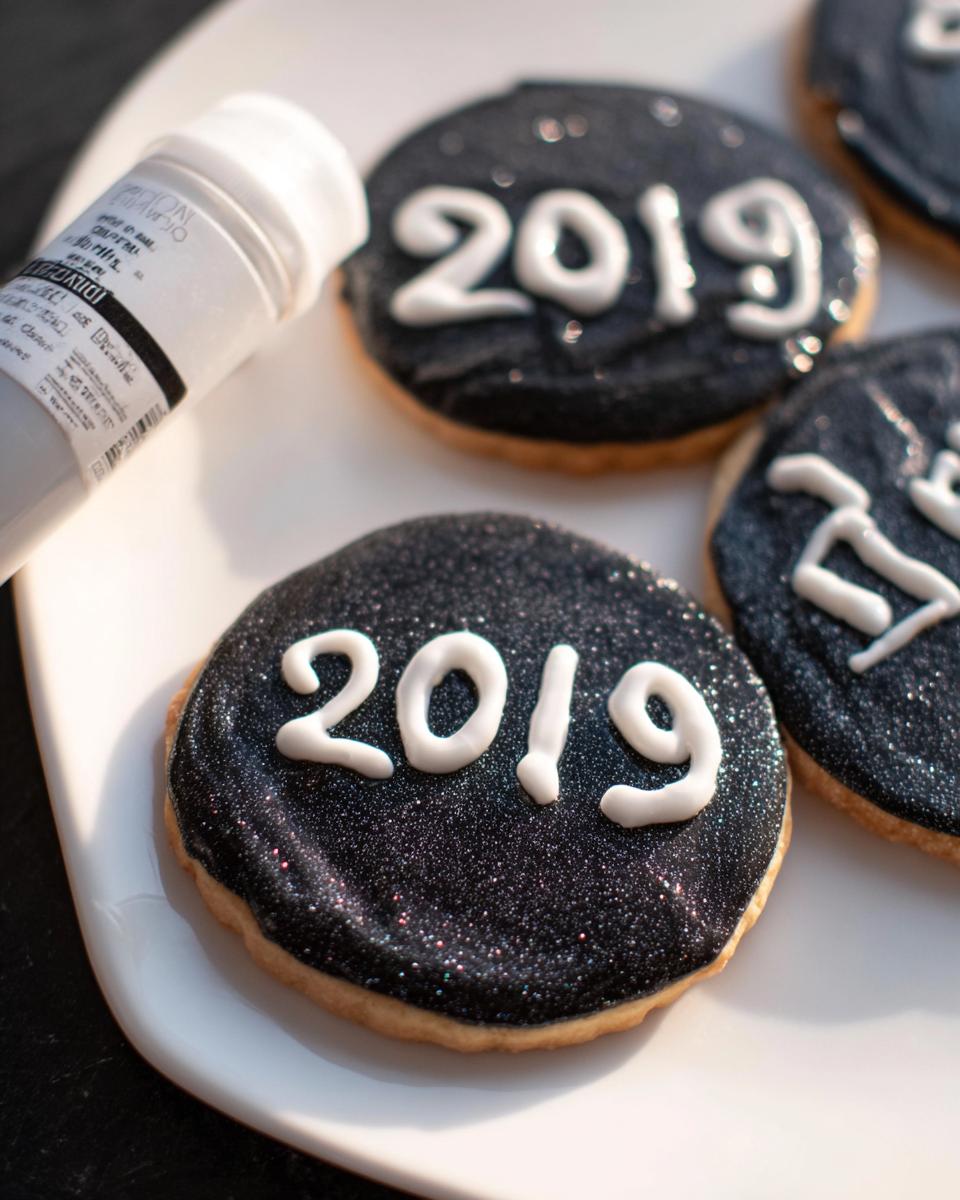Close-up of sparkly black New Year’s Eve cookies decorated with white icing spelling out '2019'.