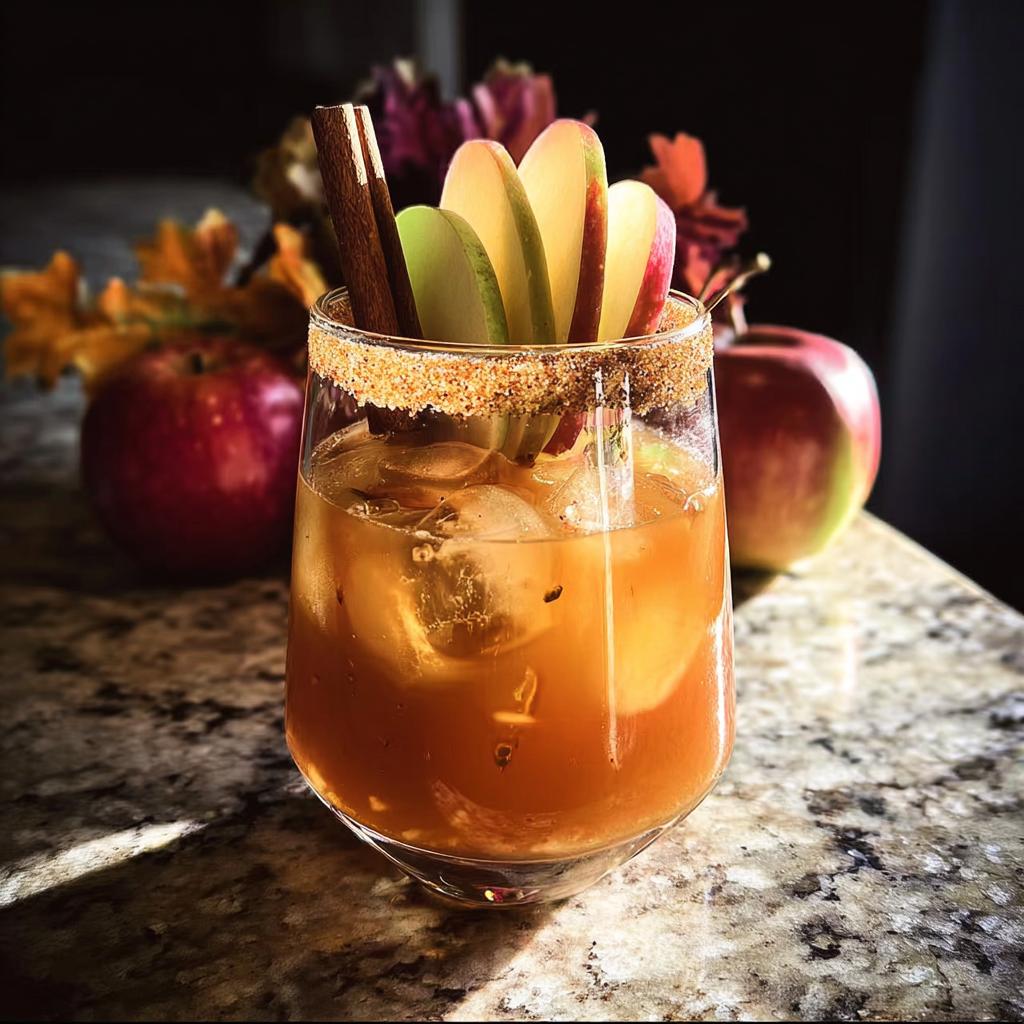 A refreshing spiced apple drink with apple slices and a cinnamon stick, perfect for Thanksgiving Drinks in 20 Minutes.