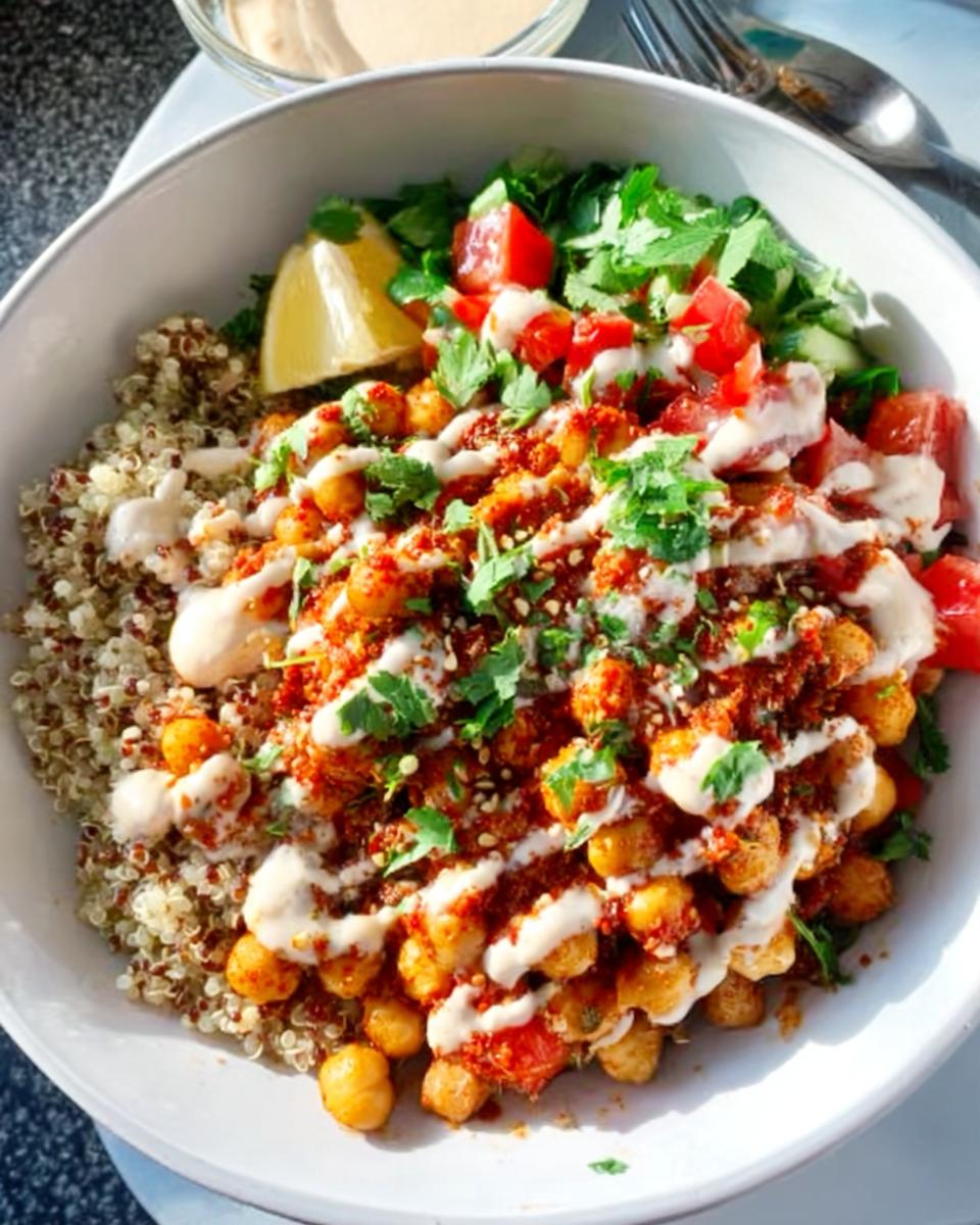 A vibrant bowl featuring Spicy Chickpea Bowls served over quinoa, topped with a creamy sauce and fresh herbs.