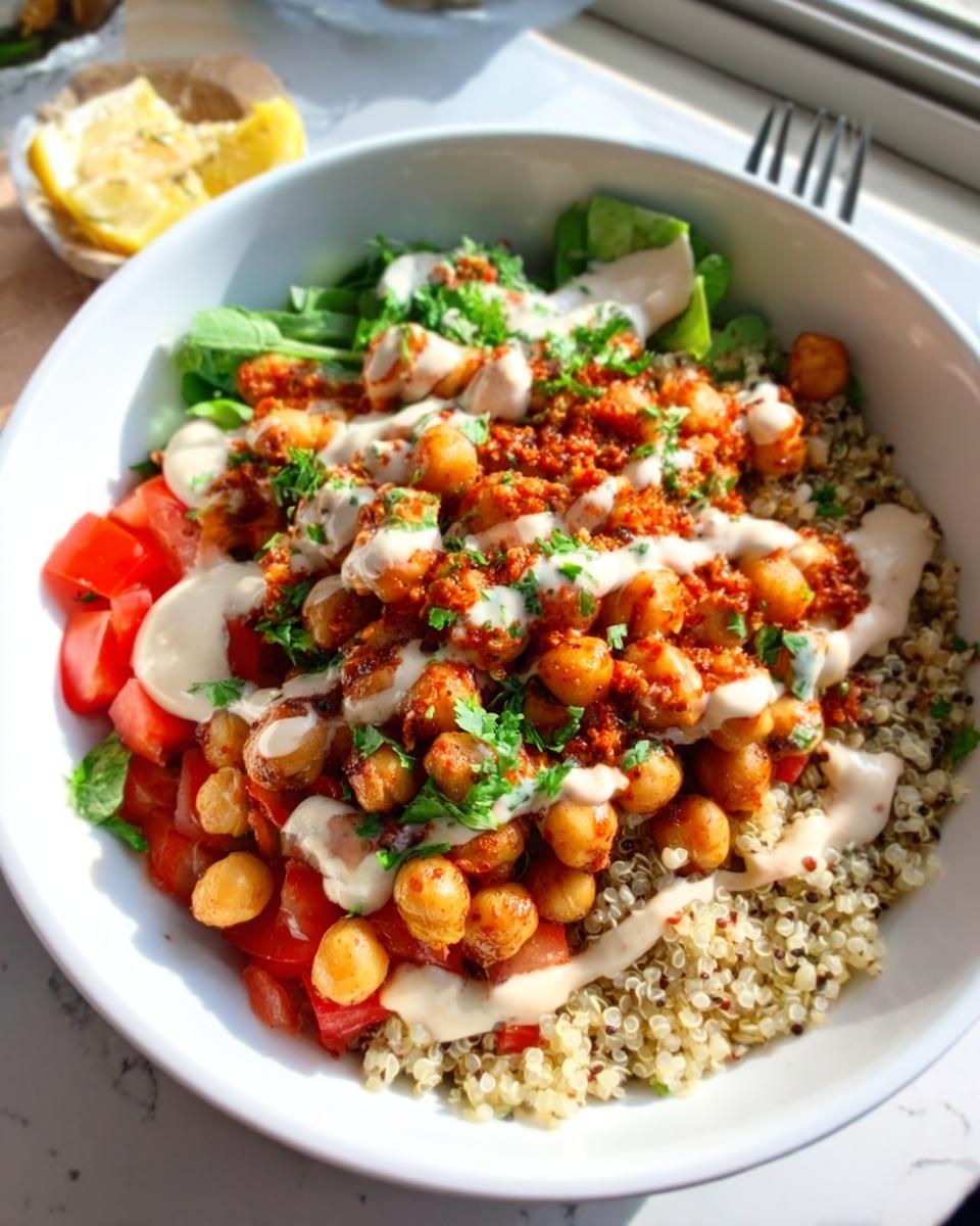A vibrant bowl featuring Spicy Chickpea Bowls over quinoa, topped with tomatoes, greens, and a creamy tahini drizzle.