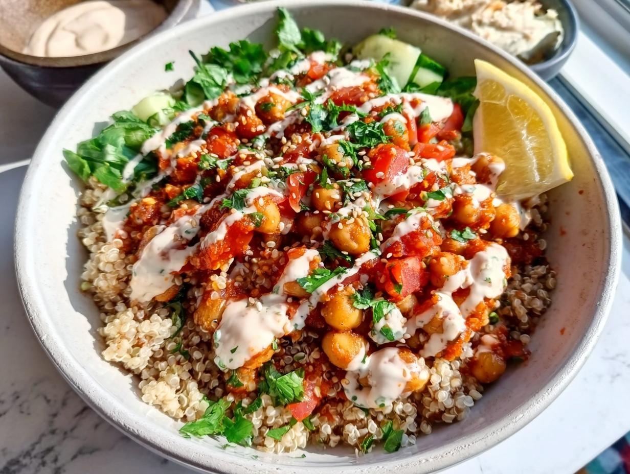 A vibrant bowl featuring Spicy Chickpea Bowls served over quinoa, topped with tomato sauce, creamy drizzle, and fresh herbs.