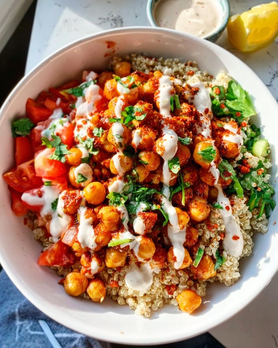 Close-up of a vibrant bowl featuring spicy chickpea bowls over quinoa, topped with white sauce and fresh herbs.