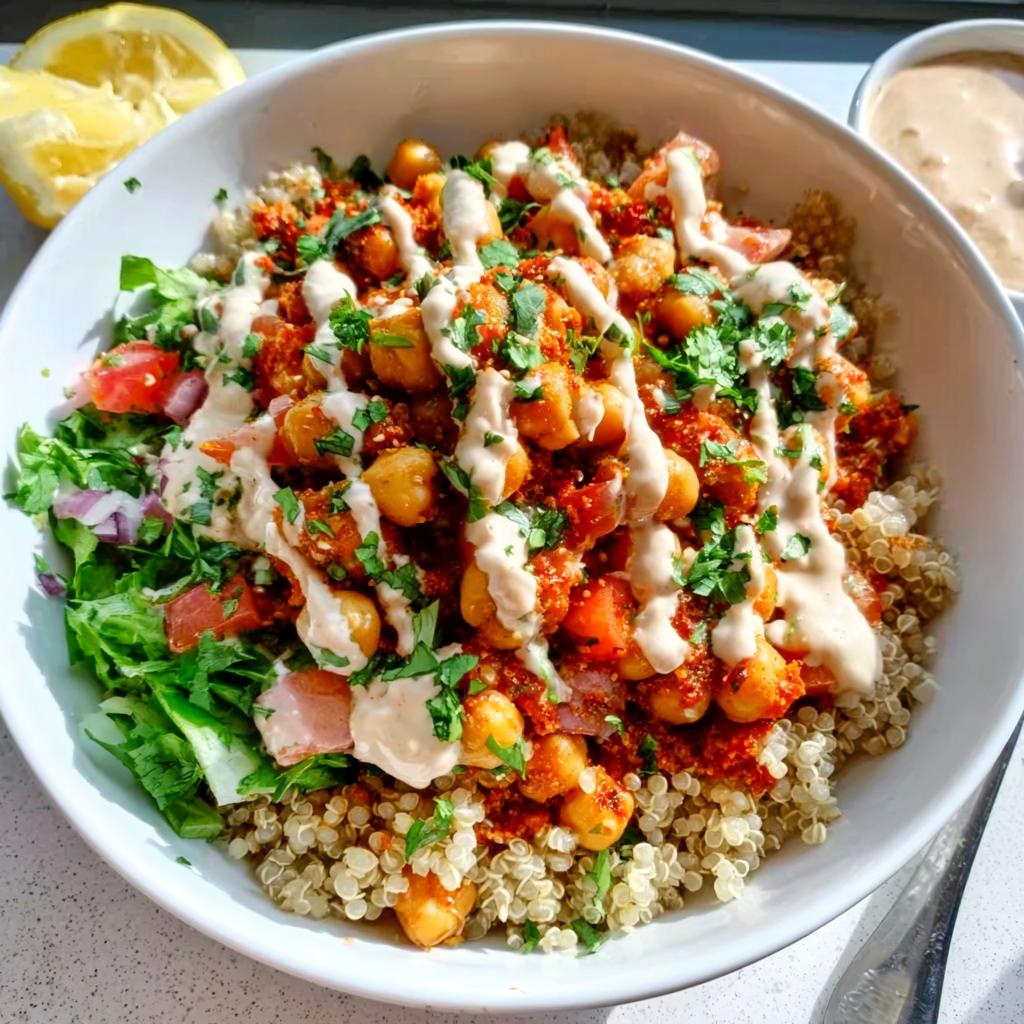 A vibrant bowl filled with quinoa, spicy chickpeas in red sauce, fresh greens, and drizzled with tahini sauce, making up a Spicy Chickpea Bowls meal.