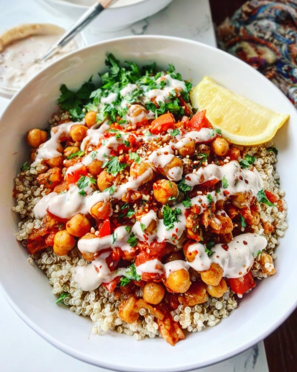 A vibrant bowl of Spicy Chickpea Bowls served over quinoa, drizzled with tahini sauce and garnished with parsley and a lemon wedge.