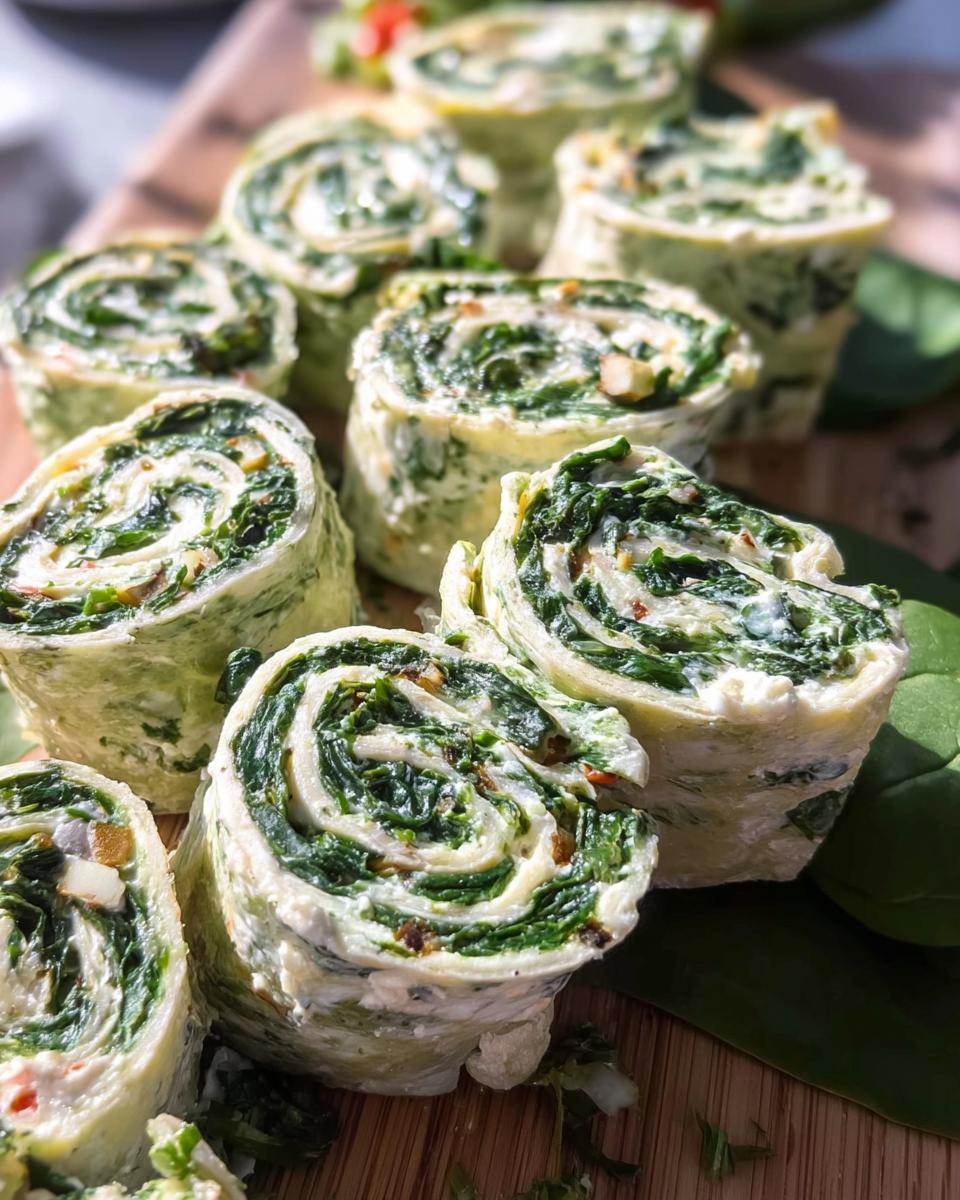 Close-up of several sliced Spinach Dip Pinwheels showing the tight swirl of spinach and cream cheese filling.