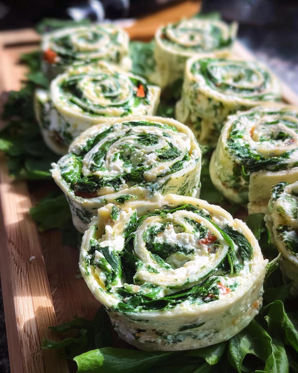 Close-up of several sliced Spinach Dip Pinwheels showing the green spinach and white filling rolled in an egg base.