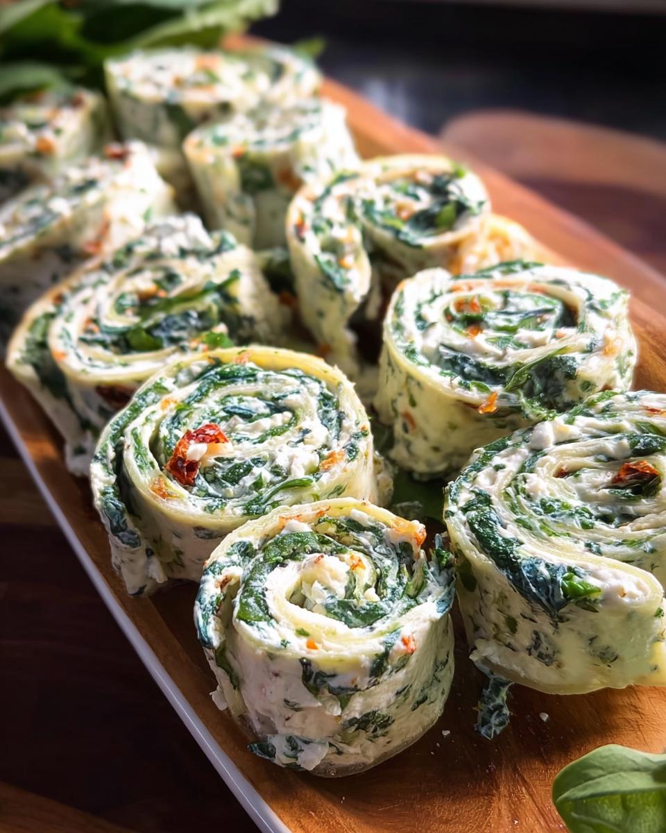 A platter filled with freshly sliced Spinach Dip Pinwheels showing the creamy filling and green spinach swirl.