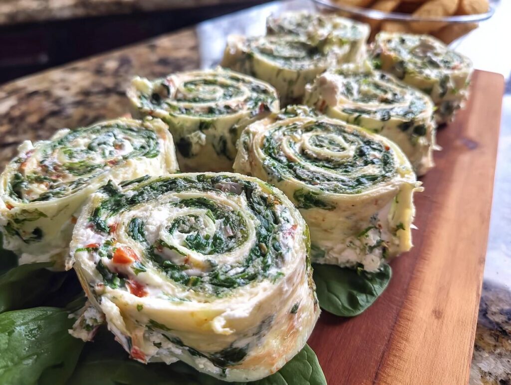 Close-up of several sliced Spinach Dip Pinwheels arranged on a wooden board over fresh spinach leaves.