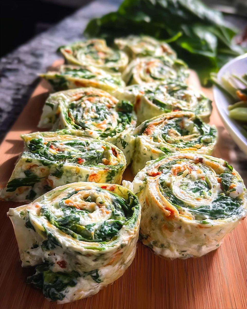 Close-up of several freshly sliced Spinach Dip Pinwheels arranged on a wooden board, showing the green spinach swirl.