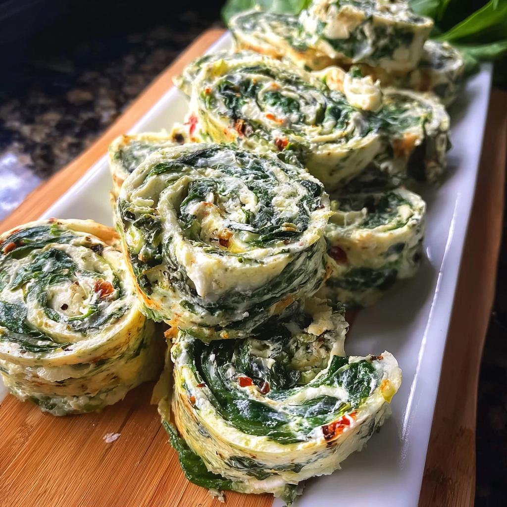 A stack of freshly sliced Spinach Dip Pinwheels featuring green spinach swirled with creamy white filling on a white platter.