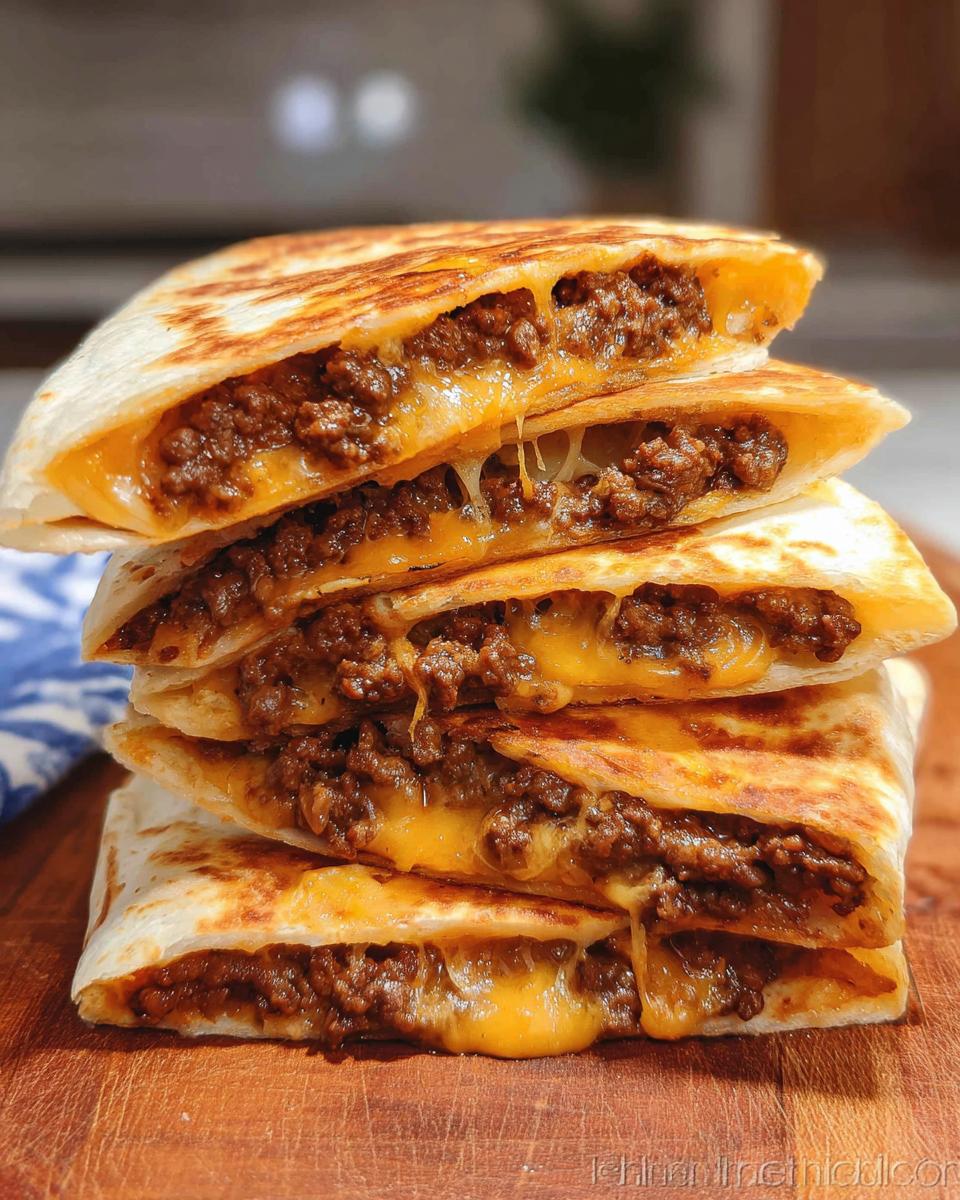 A tall stack of four golden-brown Cheesy Beef Quesadillas cut in half, oozing with melted cheddar cheese and seasoned ground beef.