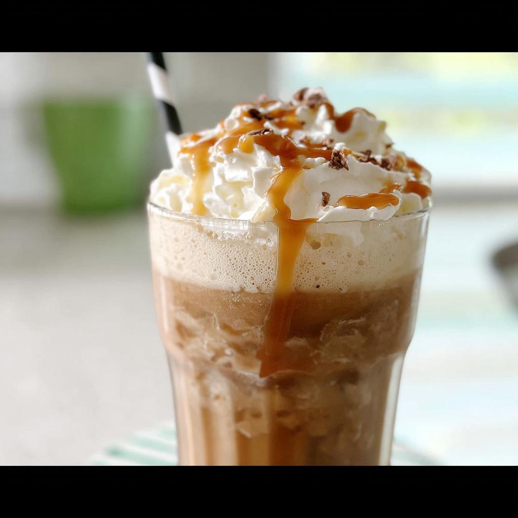 A refreshing caramel frappuccino, one of the Starbucks drinks for busy weeknights, topped with whipped cream, caramel drizzle, and chocolate shavings.