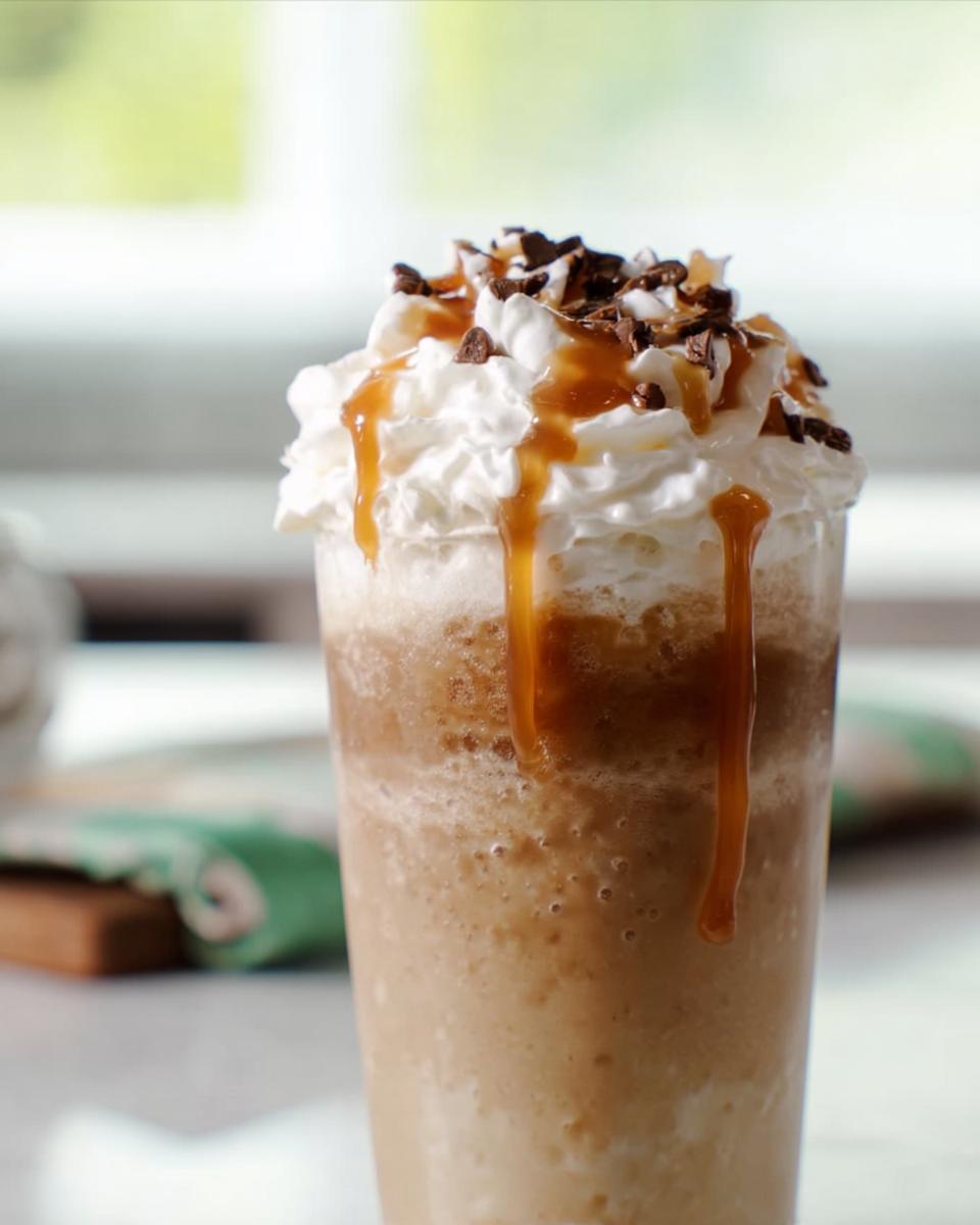 A delicious caramel frappuccino topped with whipped cream, caramel drizzle, and chocolate chips. Perfect for Starbucks drinks for busy weeknights.