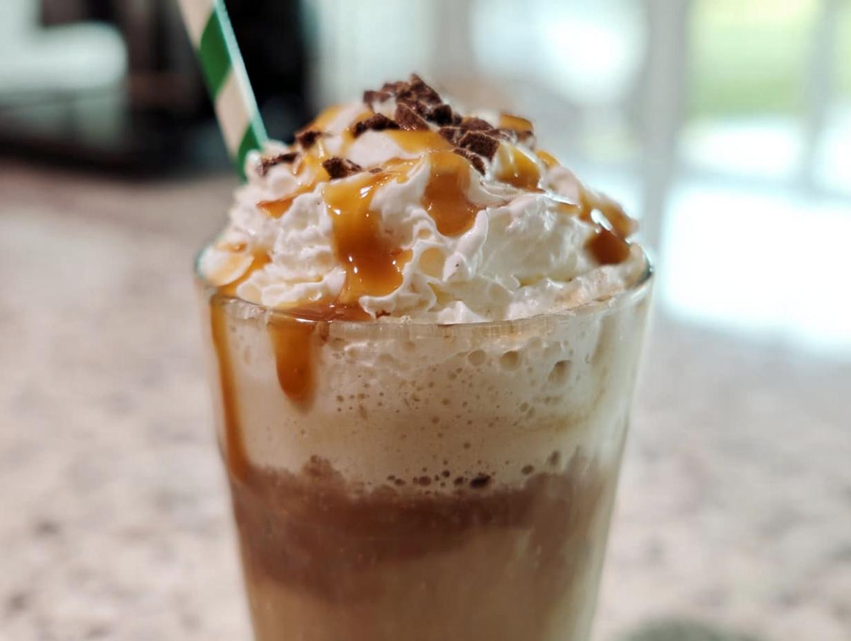A close-up of a caramel frappuccino with whipped cream, caramel drizzle, and chocolate shavings, perfect for Starbucks drinks for busy weeknights.