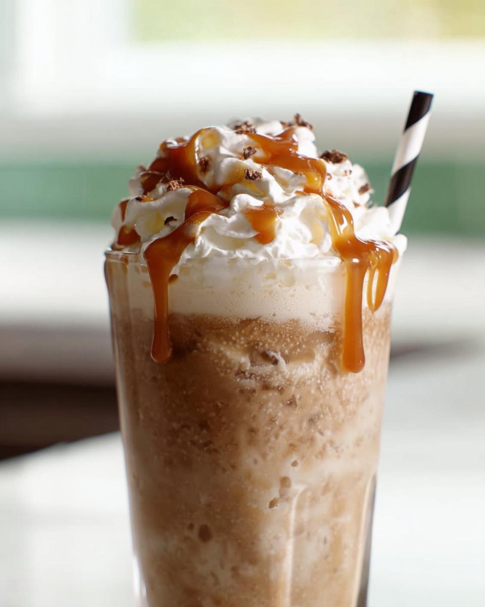 A delicious Starbucks Caramel Frappuccino with whipped cream, caramel drizzle, and chocolate shavings.