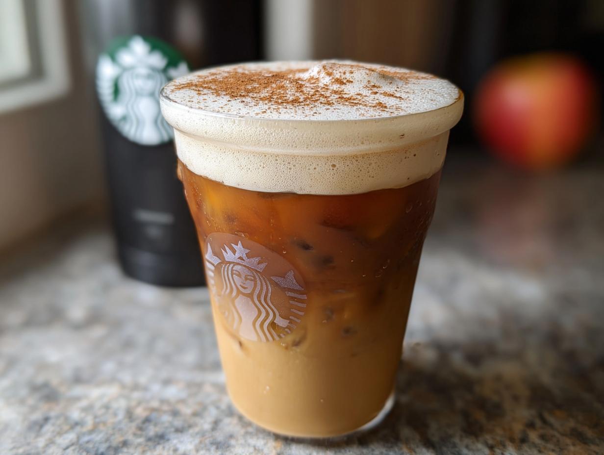Close-up of a Starbucks iced coffee with creamy foam topping and a sprinkle of cinnamon, showcasing how to make Starbucks drinks.
