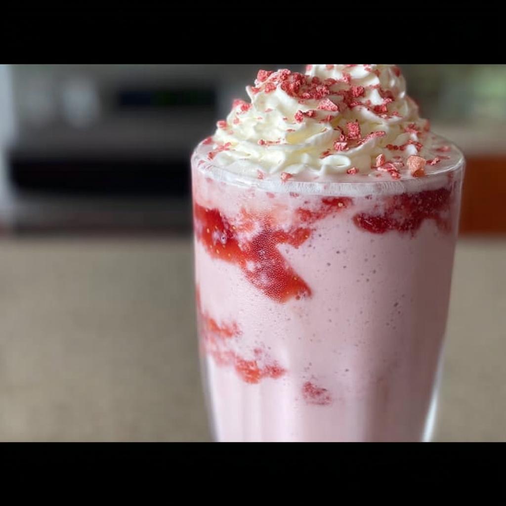 Close-up of a pink strawberry frappuccino with whipped cream and strawberry pieces, a Starbucks Drinks Recipe.
