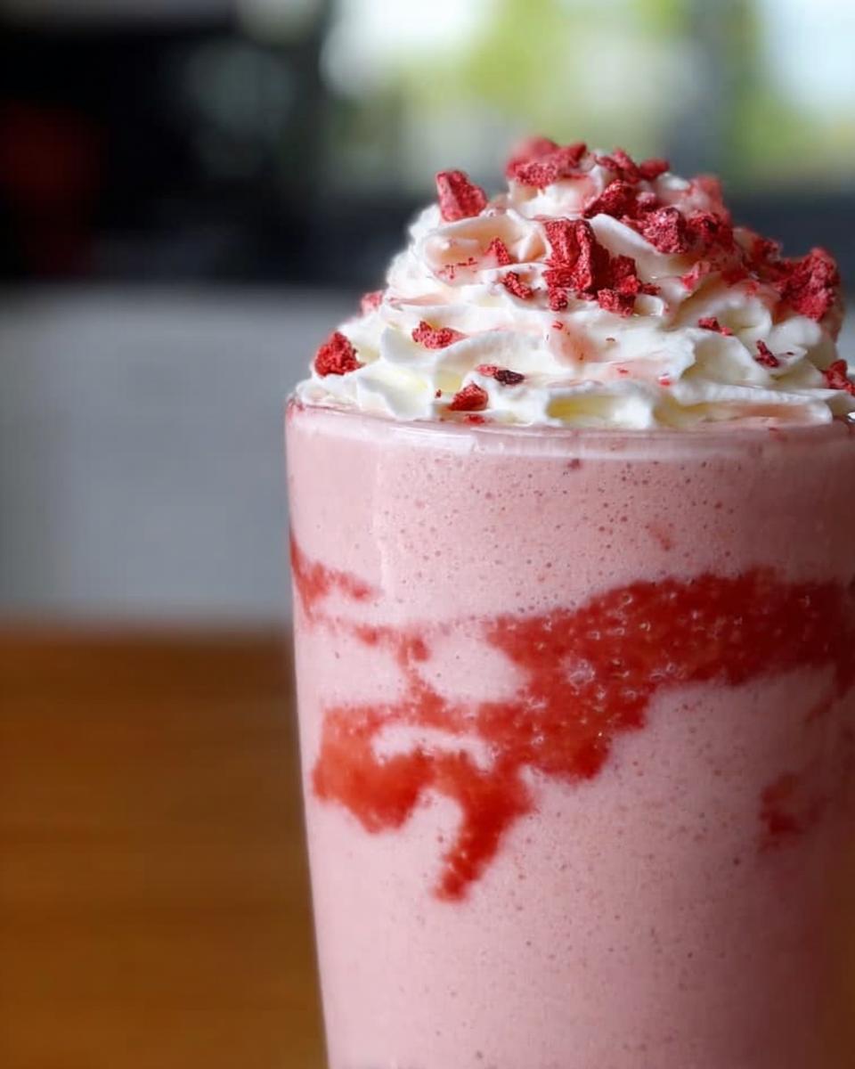 A close-up of a pink strawberry frappuccino topped with whipped cream and freeze-dried strawberries.