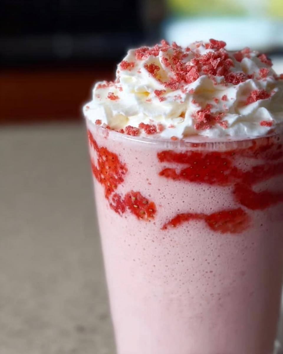 Close-up of a pink strawberry frappuccino topped with whipped cream and strawberry crumbles, a Starbucks Drinks Recipe.