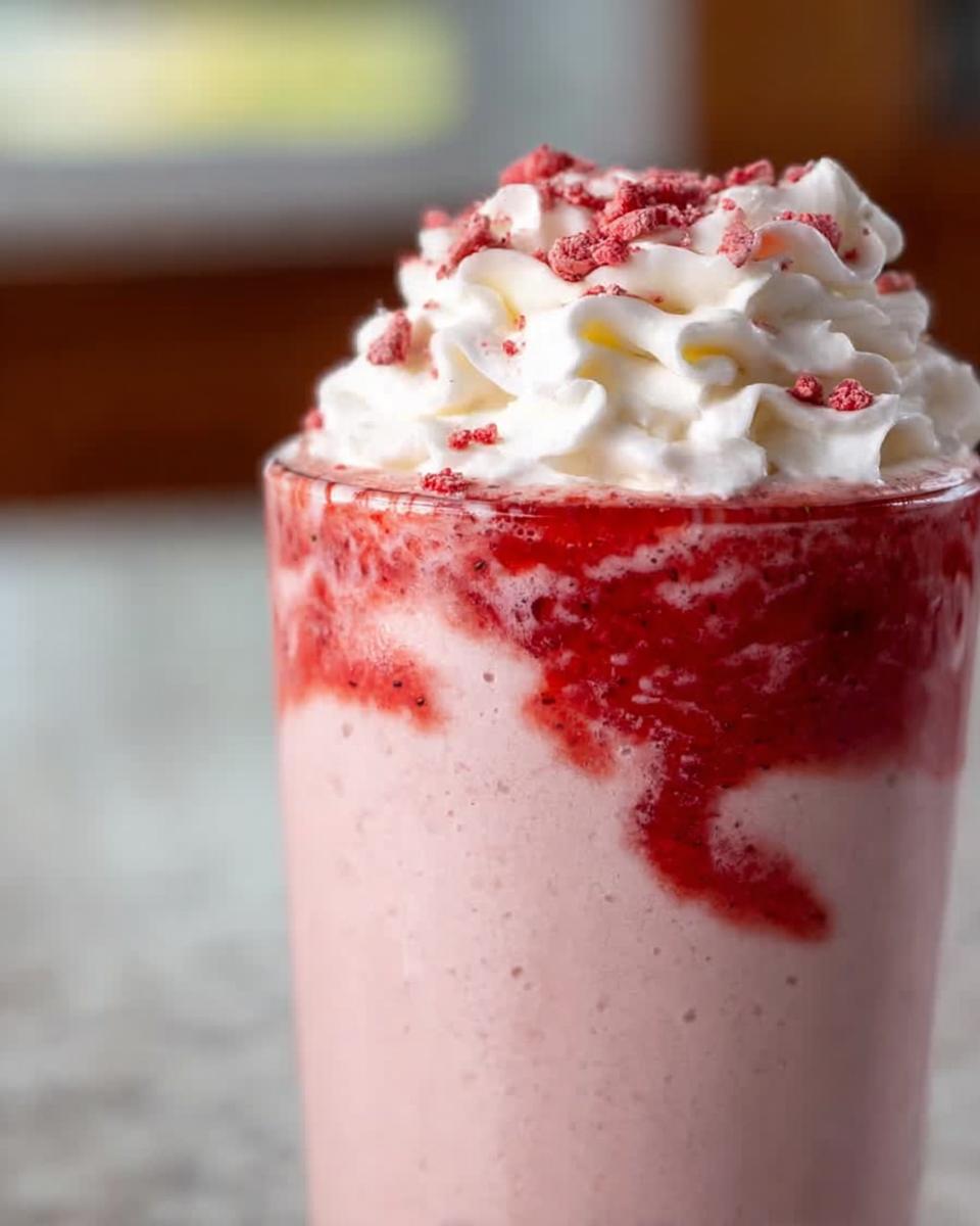 Close-up of a strawberry frappuccino with whipped cream and red sprinkles, a Starbucks Drinks Recipe Everyone Asks For.