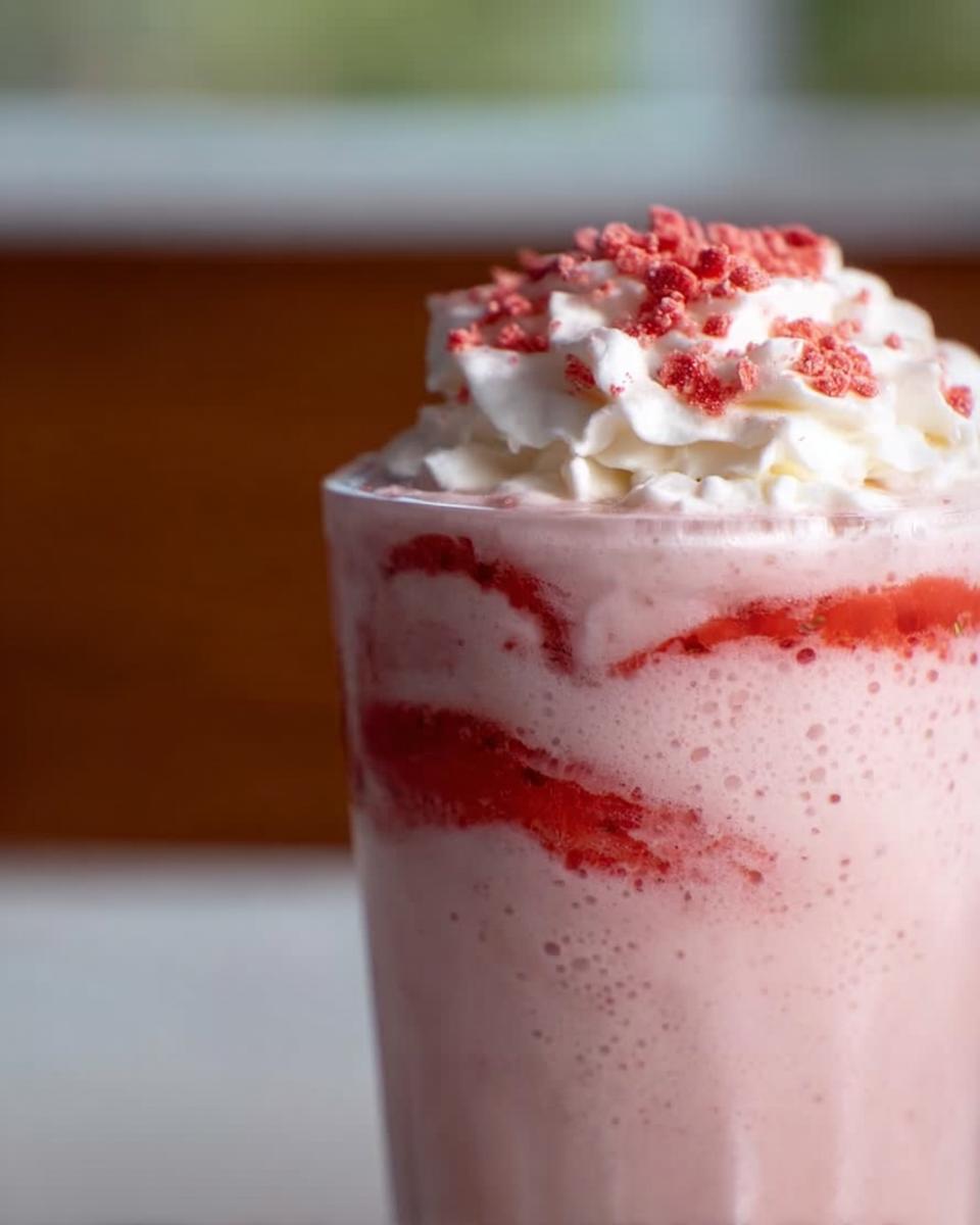 Close-up of a pink strawberry frappuccino with whipped cream and red sprinkles, a Starbucks Drinks Recipe Everyone Asks For.