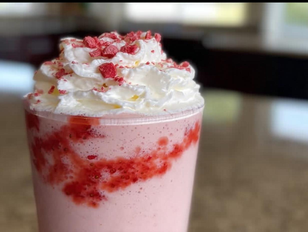 Close-up of a pink strawberry frappuccino topped with whipped cream and freeze-dried strawberry pieces.