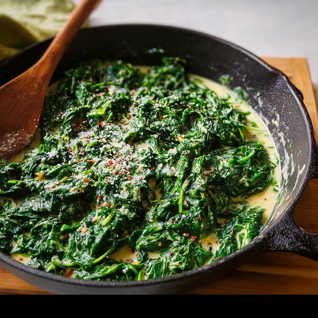 Rich, dark green Creamed Spinach in a black cast iron skillet, topped with grated cheese and red pepper flakes.