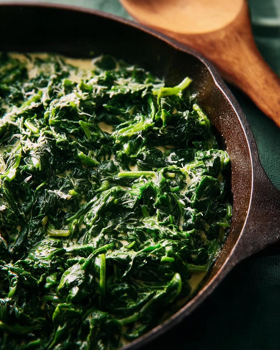 Close-up of rich, dark green Creamed Spinach (Steakhouse Style) served hot in a cast iron skillet.