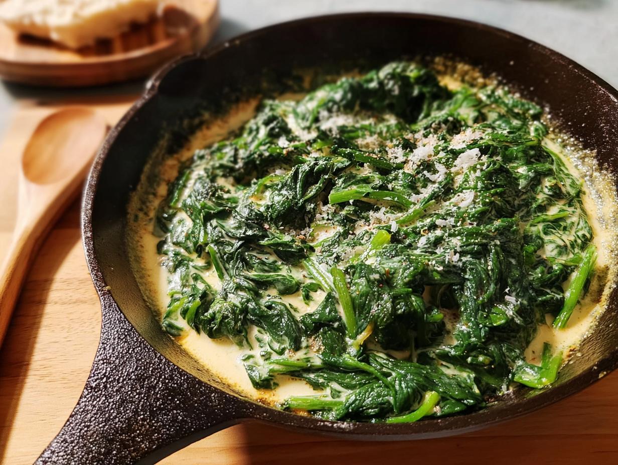 Rich, dark green Creamed Spinach (Steakhouse Style) served hot in a black cast iron skillet, topped with grated cheese.
