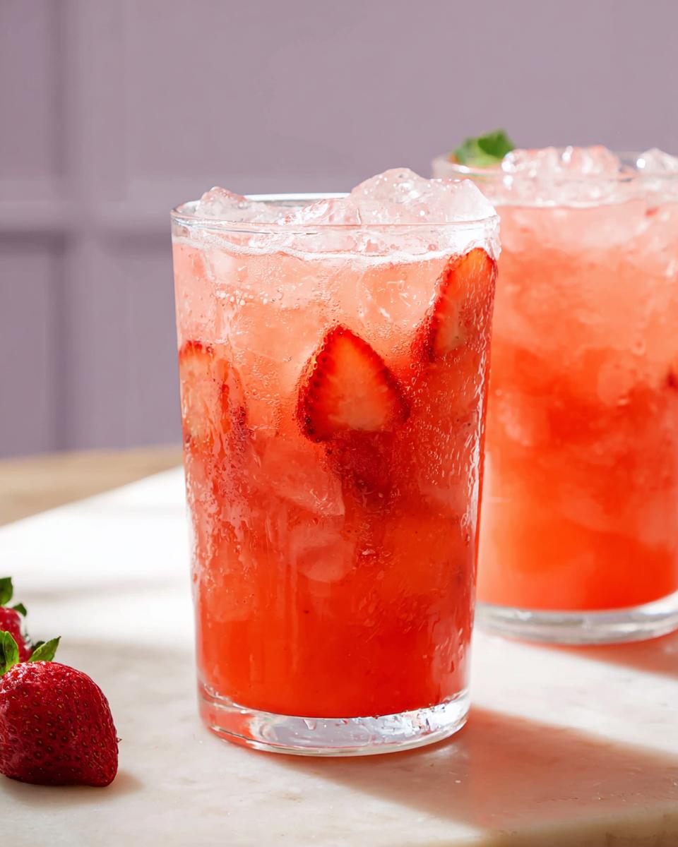 Close-up of a tall, sweating glass filled with a bright red Strawberry Açaí Refresher Copycat, loaded with ice and strawberry slices.