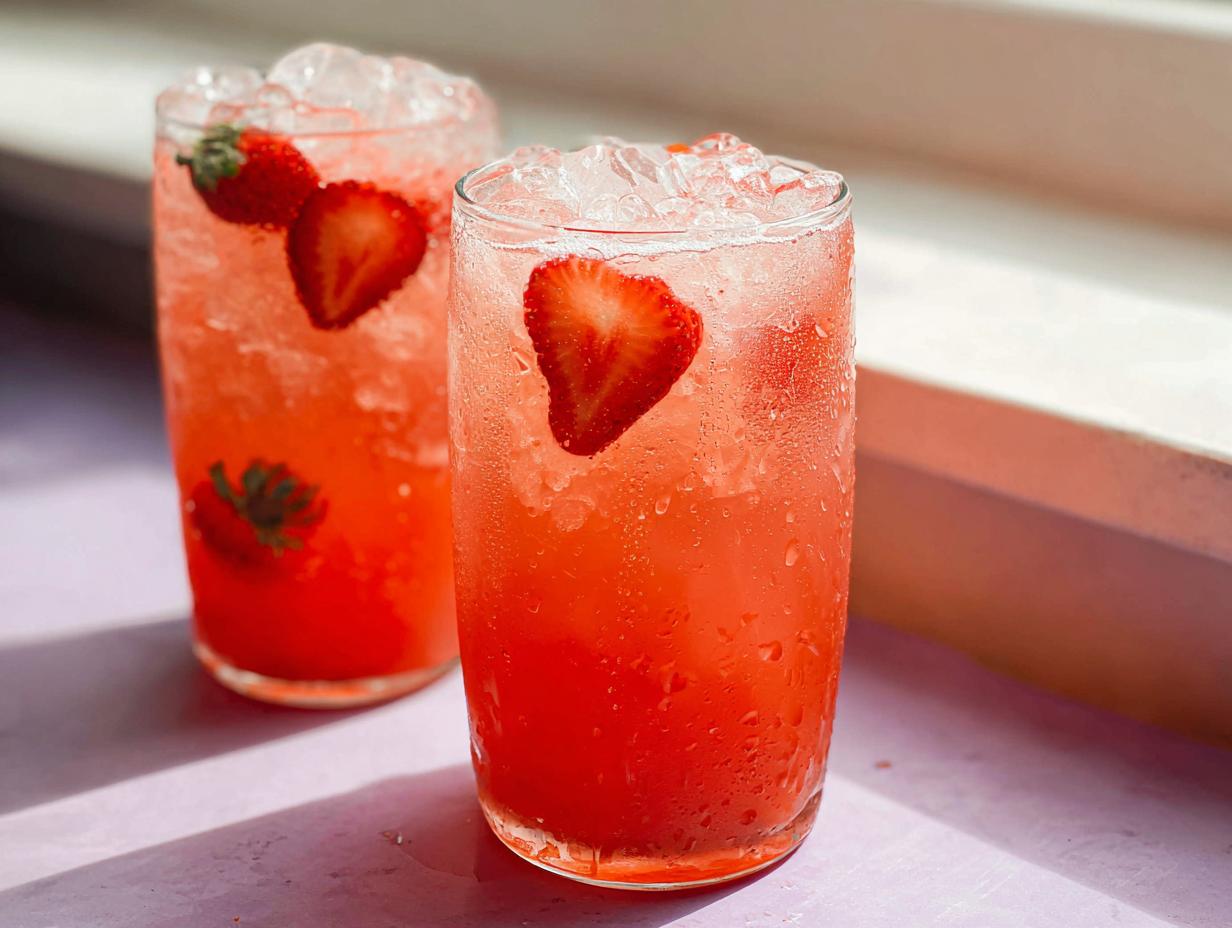 Two tall, sweating glasses filled with a bright red Strawberry Açaí Refresher Copycat drink and ice, garnished with fresh strawberry slices.