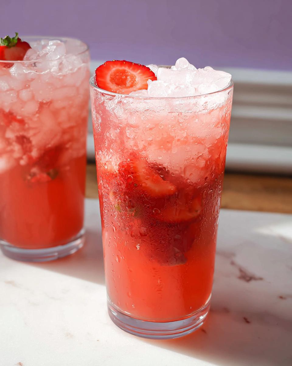 Close-up of a tall glass filled with a bright red Strawberry Açaí Refresher Copycat, packed with ice and garnished with a strawberry slice.