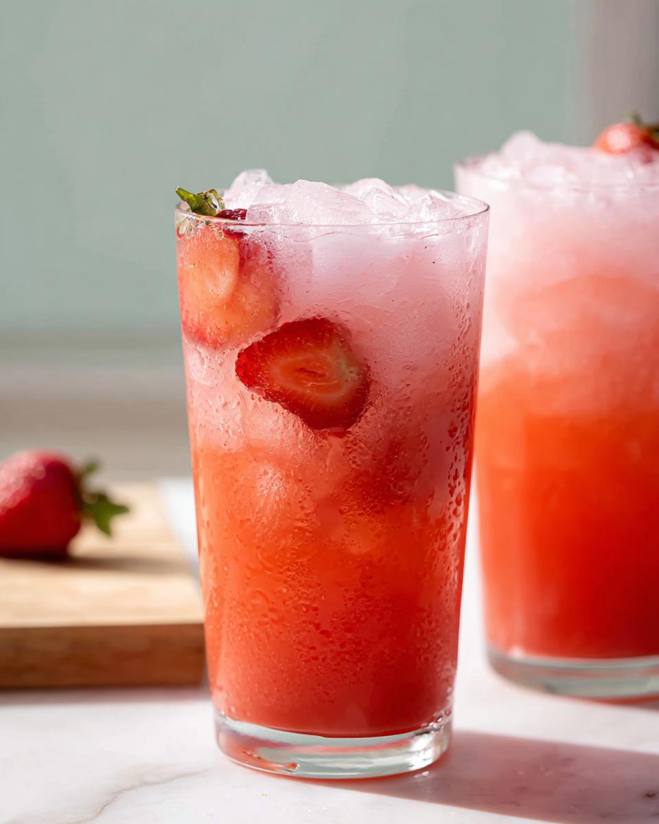 Close-up of a tall, sweating glass filled with a bright red Strawberry Açaí Refresher Copycat, topped with crushed ice and strawberry slices.